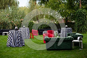 Party in the garden. Balloon Arrangement. Festive table setting. Party with a special theme.