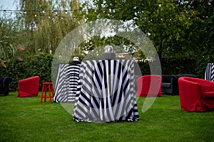 Party in the garden. Balloon Arrangement. Festive table setting. Party with a special theme.