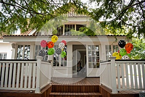 Party in the garden. Balloon Arrangement. Festive table setting. Party with a special theme.