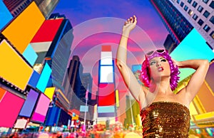 Party girl pink wig dancing in Times Square of NYC