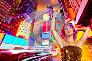 Party girl pink wig dancing in Times Square of NYC