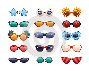 Party glasses. Cartoon funny fashion sunglasses with reflections. Round colorful summer spectacles. Different shapes eyewear.