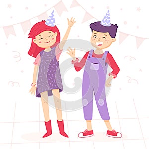 Party greeting card with girl and boy. Children are waving by hand. Welcome sign for the party. Birthday invitation