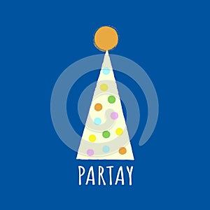 Party hat with polka dots isolated on a blue background, with text PARTAY