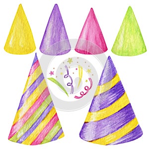 Party hat set isolated on a white. Watercolor Birthday hats illustration. Celebration decoration Happy Birthday or party