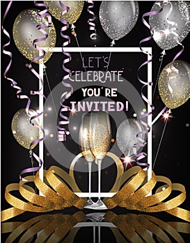 Party invitation card with glasses of champagne, serpentine and air balloons.