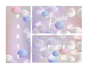 Party invitation cards with flying horizontally air balloons and serpentine.