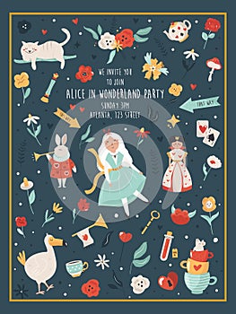 Party invitation with characters and symbols of Alice in Wonderland