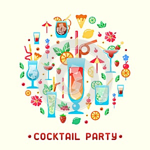 Party invitation consepts with alcohol cocktails different types and decorations photo