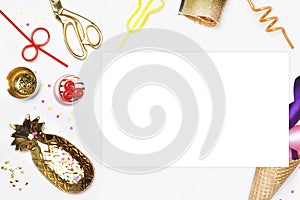 Party invitation mock-up. Flat lay, Cake with strawberries, colored tape. White background with party accessories.golden item