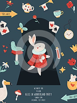 Party invitation with white rabbit and other symbols of Alice in Wonderland