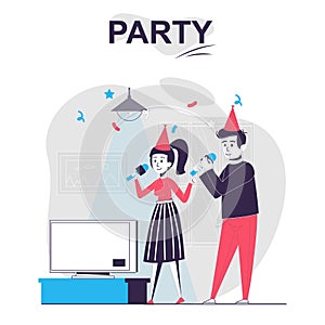 Party isolated cartoon concept. Man and woman celebrate holiday, sing karaoke and have fun, people scene in flat design. Vector