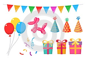 Party items set pack with balloons, gifts, boxes, flags, streamers, and hats.