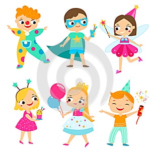 Party kids. Children in costumes having fun. Cartoon boys and girls for Birthday and holidays design
