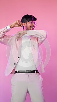 Party man euphoria joy pink excited guy dancing