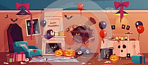After party mess in Halloween decorated room,
