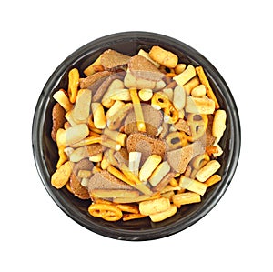 Party mix in black bowl