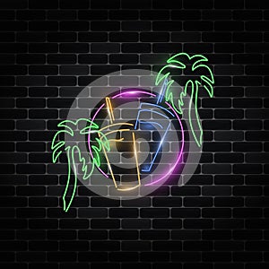 Party neon banner with drinks and palm trees.