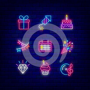 Party neon icon collection. Happy Birthday item. Glowing effect banner. Holiday celebration design. Vector illustration