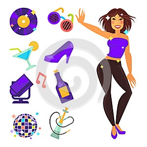 Party night club and dancing girl vector flat icons
