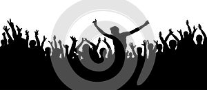 Party people, applaud. Cheerful crowd silhouette background. Fans dance concert, disco.