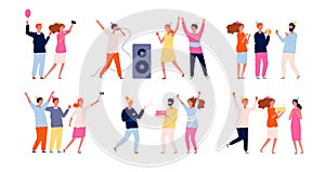 Party people. Friends at birthday celebrating dancing playing and eating have a fun vector characters