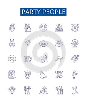 Party people line icons signs set. Design collection of Festive, revelers, merrymakers, attendants, celebrants, guests