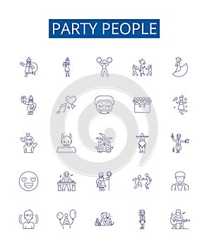 Party people line icons signs set. Design collection of Festive, revelers, merrymakers, attendants, celebrants, guests