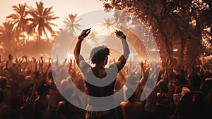 Party people. A young man stands with raised hands. Dance party still on at dawn in a beach among palm trees.