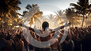 Party people. A young man stands with raised hands. Night dance party in a beach among palm trees. Crowd of thousands of people.