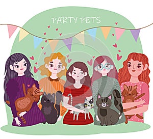 party pets, young women with cats animals cartoon