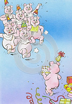 a party of pigs with cake and gifts