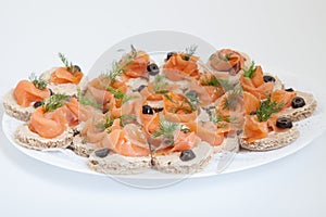 Party platter of bite size smoked salmon appetisers