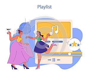 Party Playlist concept. Friends dancing to a curated selection, an evening