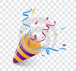 Party popper with Colorful Confetti and ribbon celebrations design isolated on transparent background