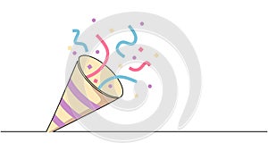 Party popper one continuous line drawing. Confetti icon object congratulate and celebrate elements.Vector party poppers Exploding