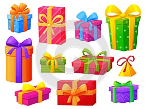 Party present boxes, xmas gift paper box with bows. Isolated gifting collection, christmas, birthday surprise packaging