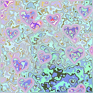 Party psychedelic wavy geometric pastel colors with funky hearts shapes background, surreal design in green, pink and violet blue