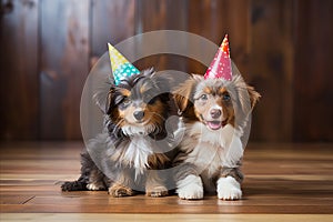 Party Pups Wearing Festive Hats Celebrating a Happy Birthday with Space for Text