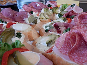 Party refreshment with bread, cheese and ham