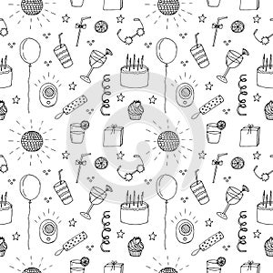 Party seamless pattern vector illustration, hand drawing doodles