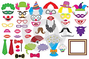 Party set. Clowns. Glasses, hats, lips, wigs, mustaches, tie photo