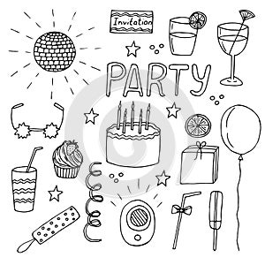 Party set vector illustration, hand drawing doodles