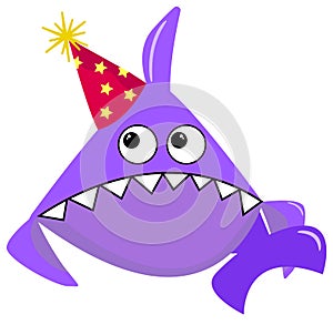 Party Shark cartoon sea animal purple shark on a white background in a red cap with yellow stars. Cartoon character for