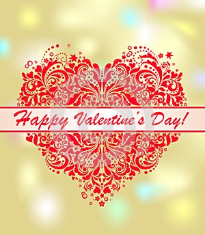 Party shining gold poster for Valentineâ€™s day celebration with red decorative heart shape