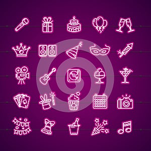 Party Signs Neon Thin Line Icon Set. Vector