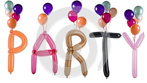 Party spelled out with balloons isolated on white