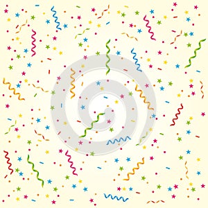 Party streamers and confetti. Sweet birthday card or celebration background.