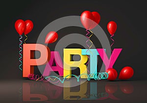 Party text on a black background with balloons and streamers