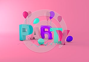 Party text on a pink background with balloons and streamers